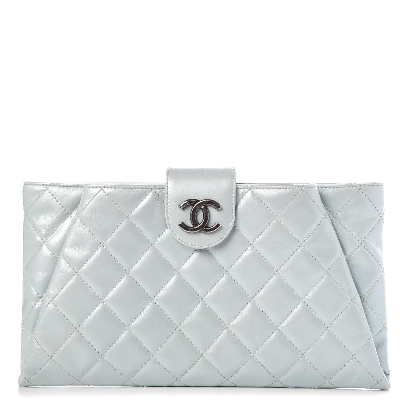 Glazed Calfskin Quilted Coco Pleats Clutch Light Blue
