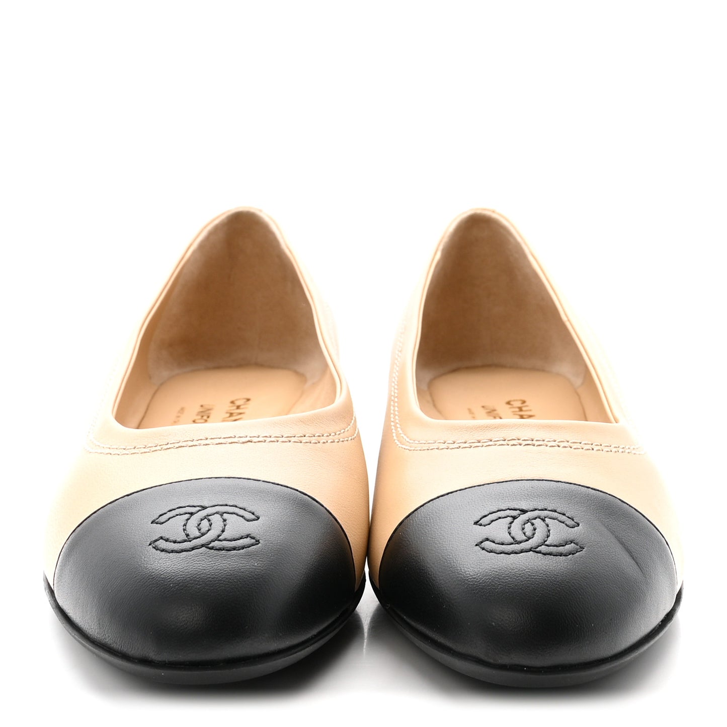 Lambskin Cap Toe CC Uniform Ballerina Flats 40 Beige Black