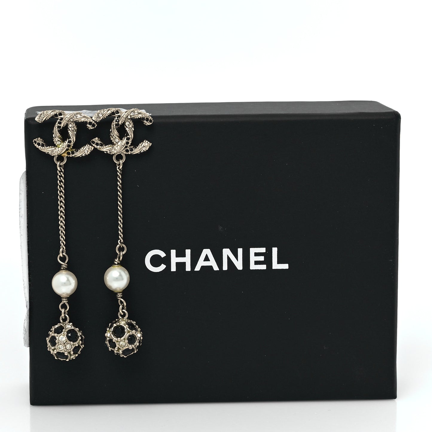 Crystal Pearl CC Ball Chain Drop Earrings Gold Black