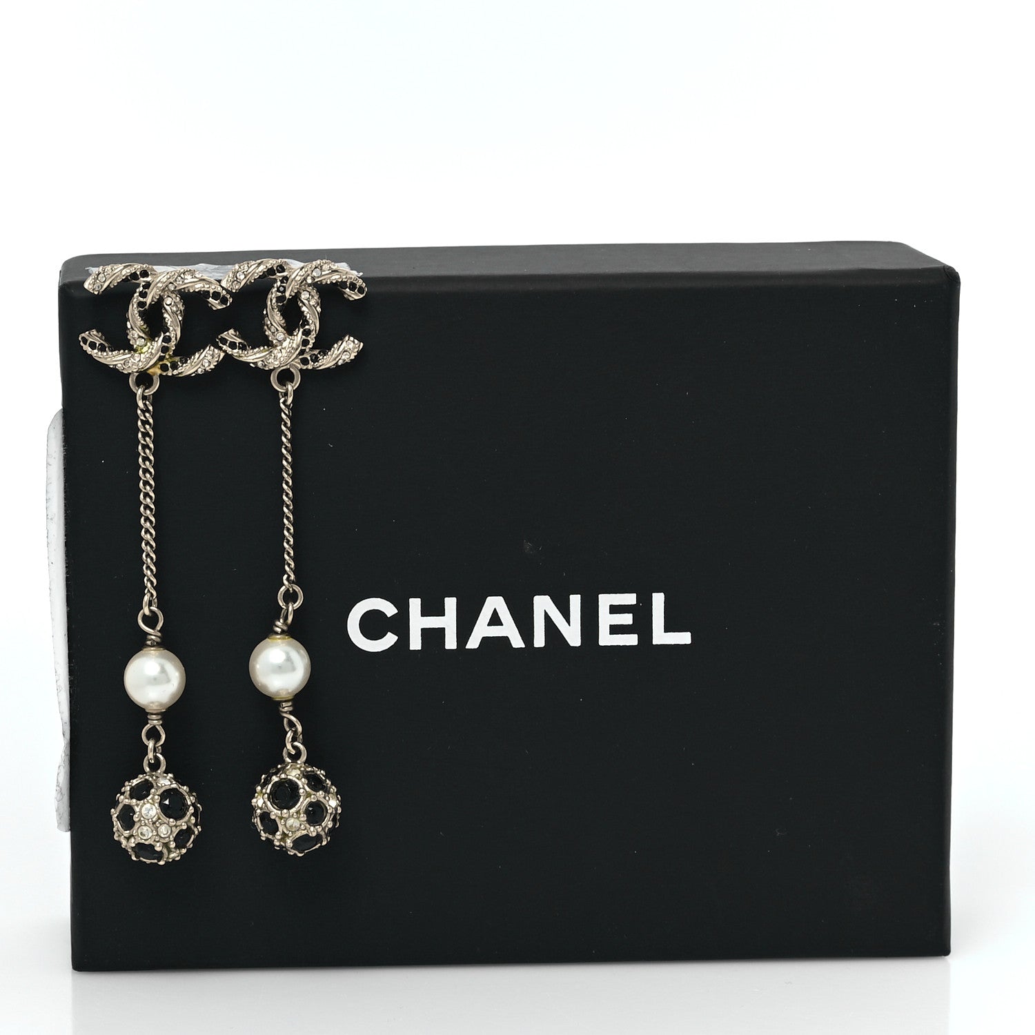 Chanel Crystal Pearl CC Ball Chain Drop Earrings Gold Black 5 of 5