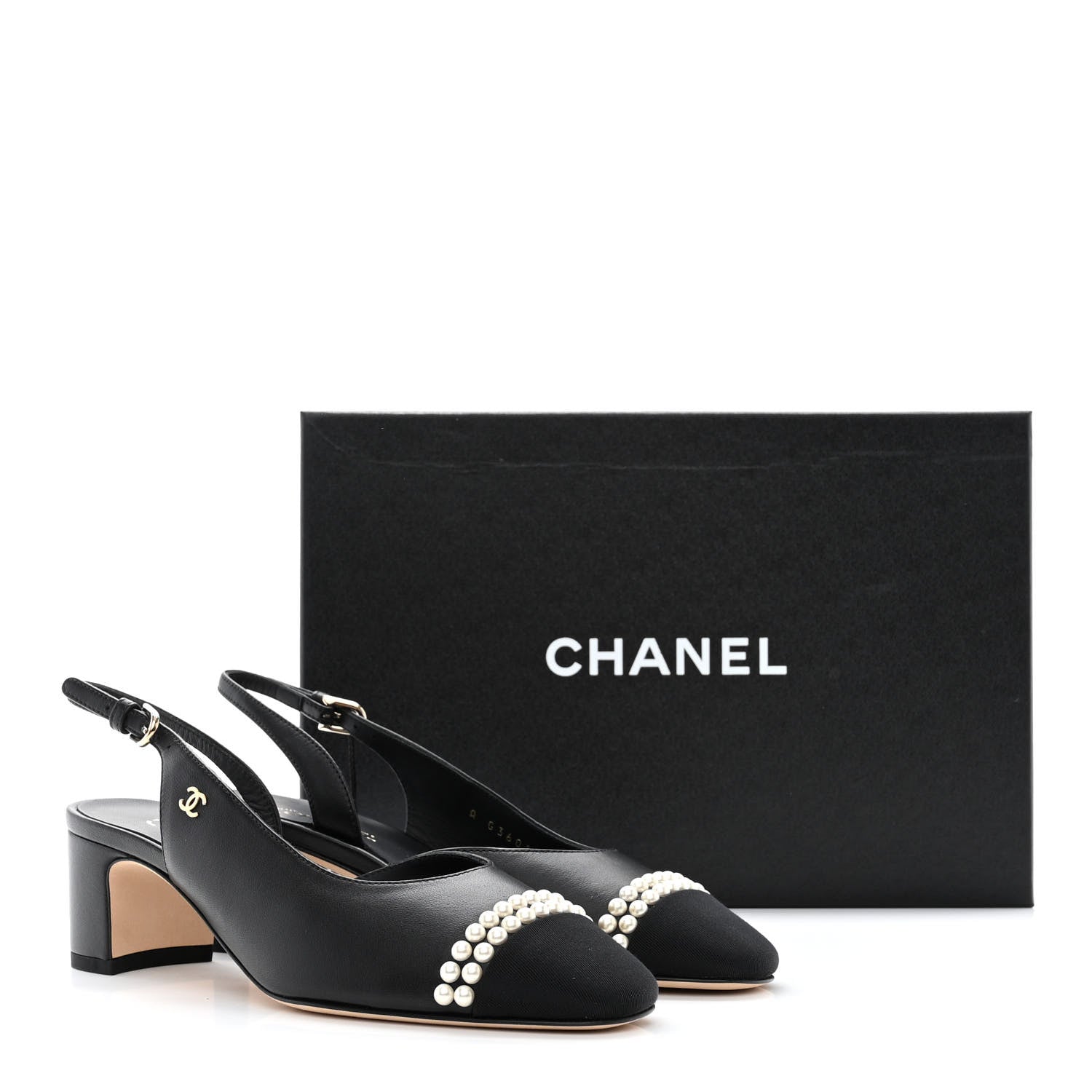 Chanel Lambskin Grosgrain Pearl Cap Toe CC Slingback Pumps 36 Black 9 of 9