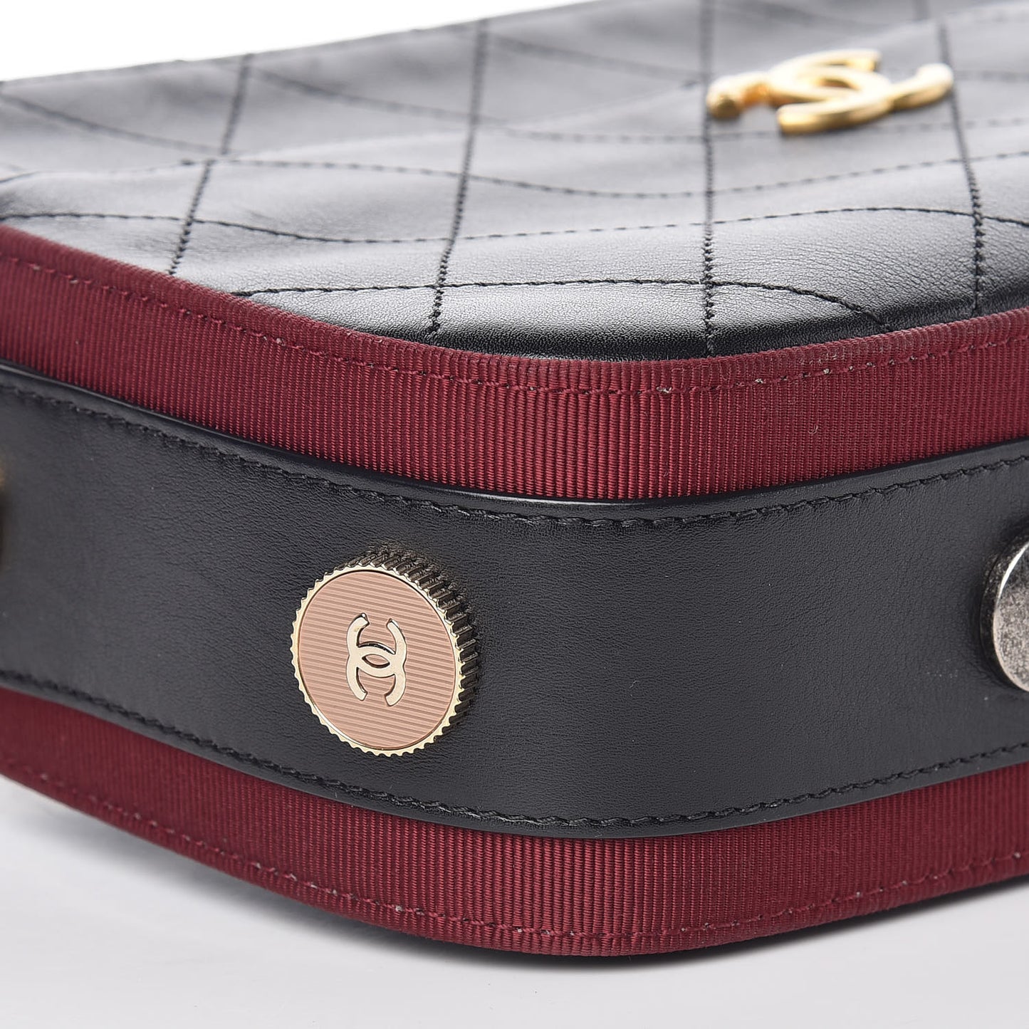 Calfskin Grosgrain Stitched Button Up Camera Case Black