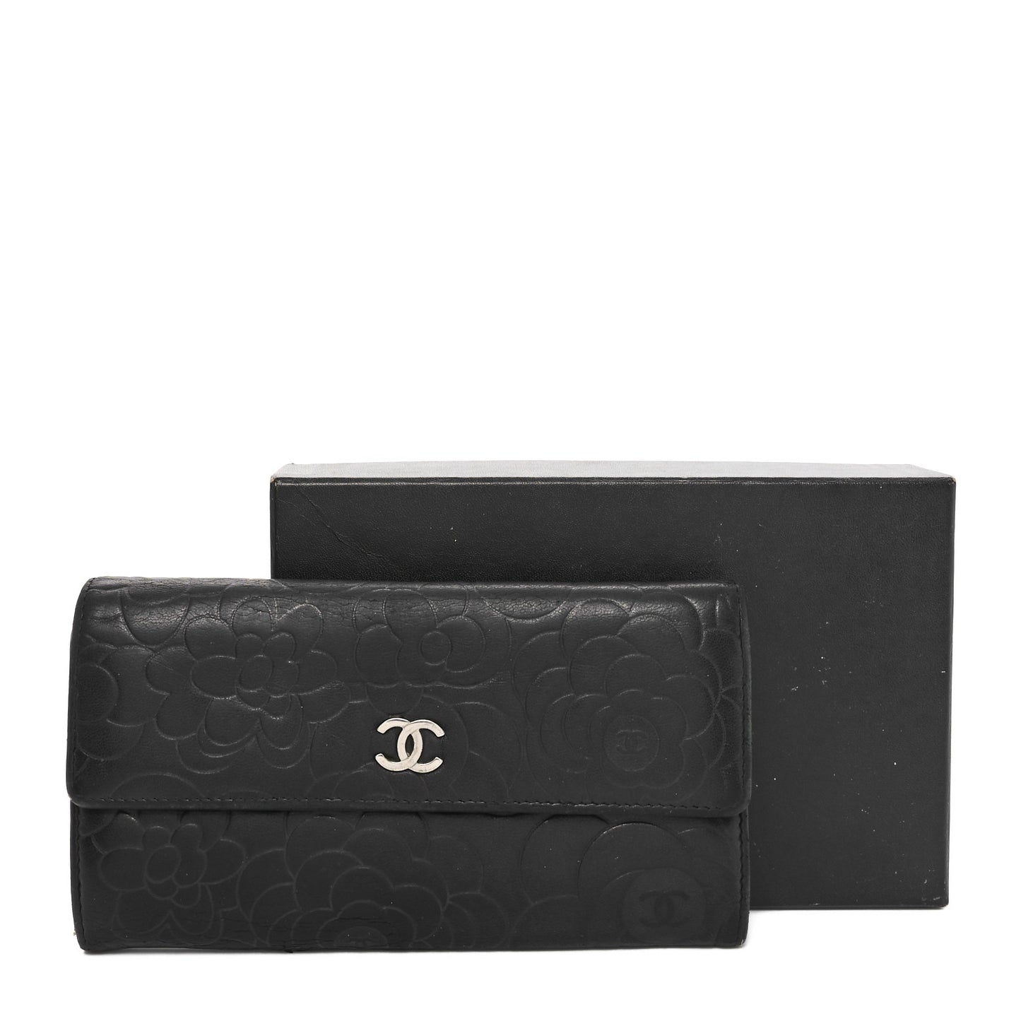 Lambskin Camellia Embossed Large Gusset Flap Wallet Black