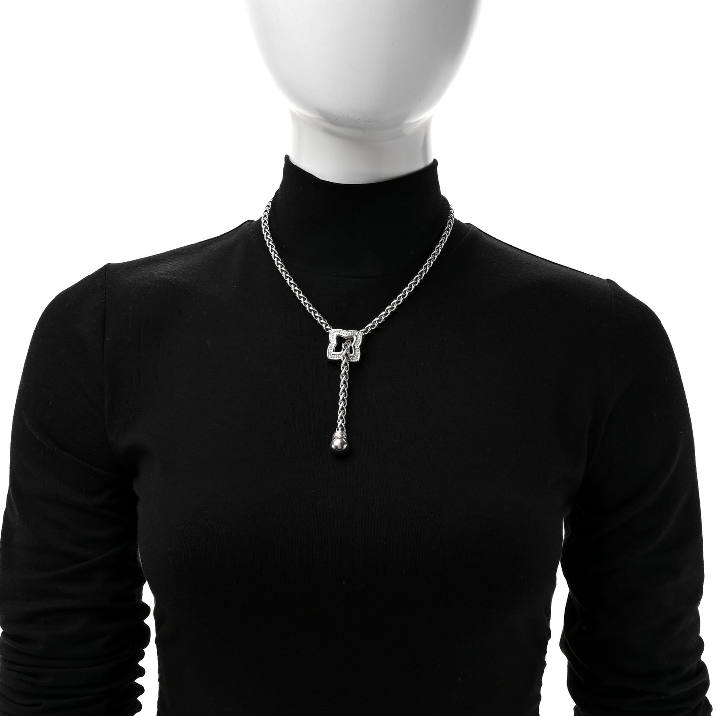 Sterling Silver Diamond Quatrefoil Lariat Wheat Chain Necklace