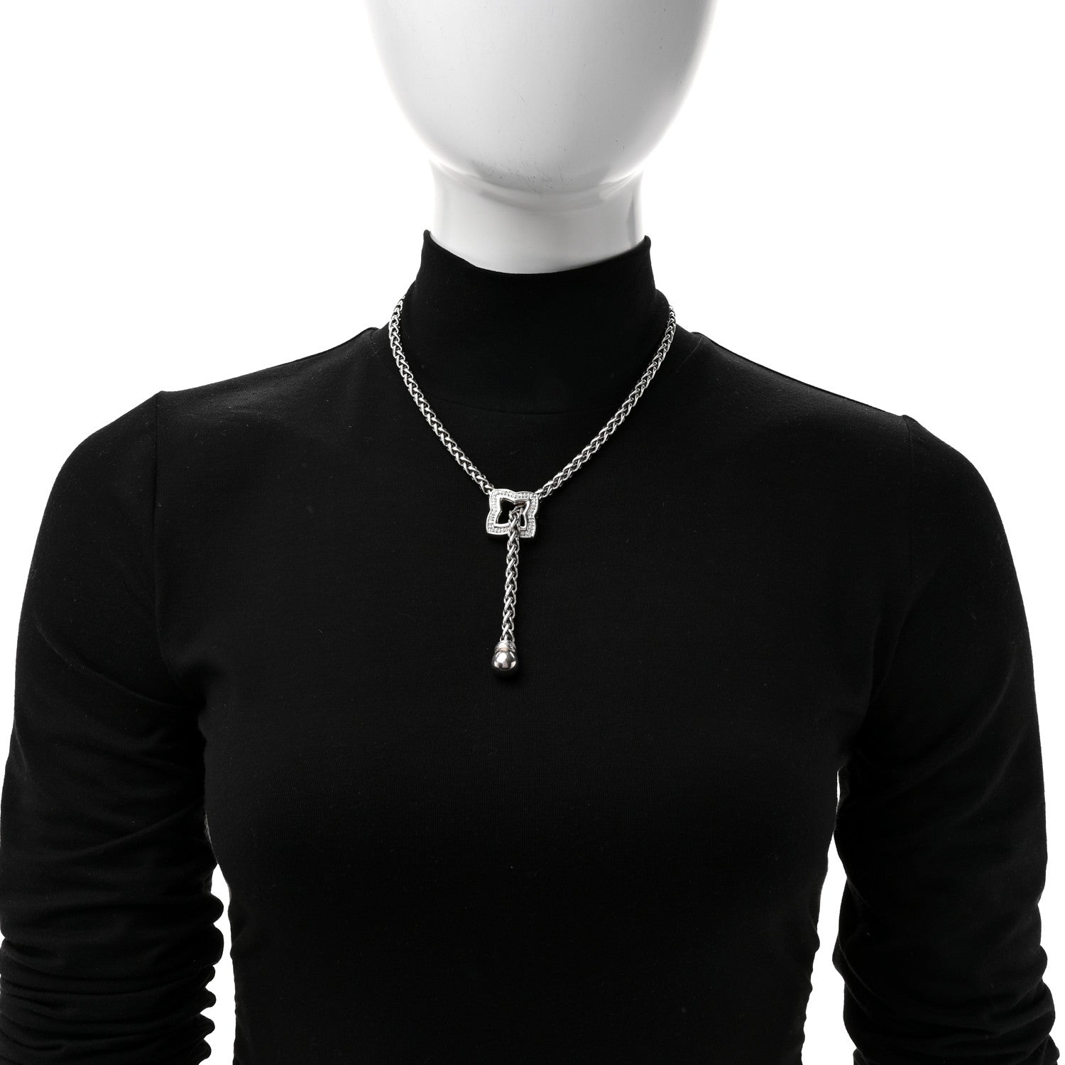 David Yurman Sterling Silver Diamond Quatrefoil Lariat Wheat Chain Necklace 2 of 5