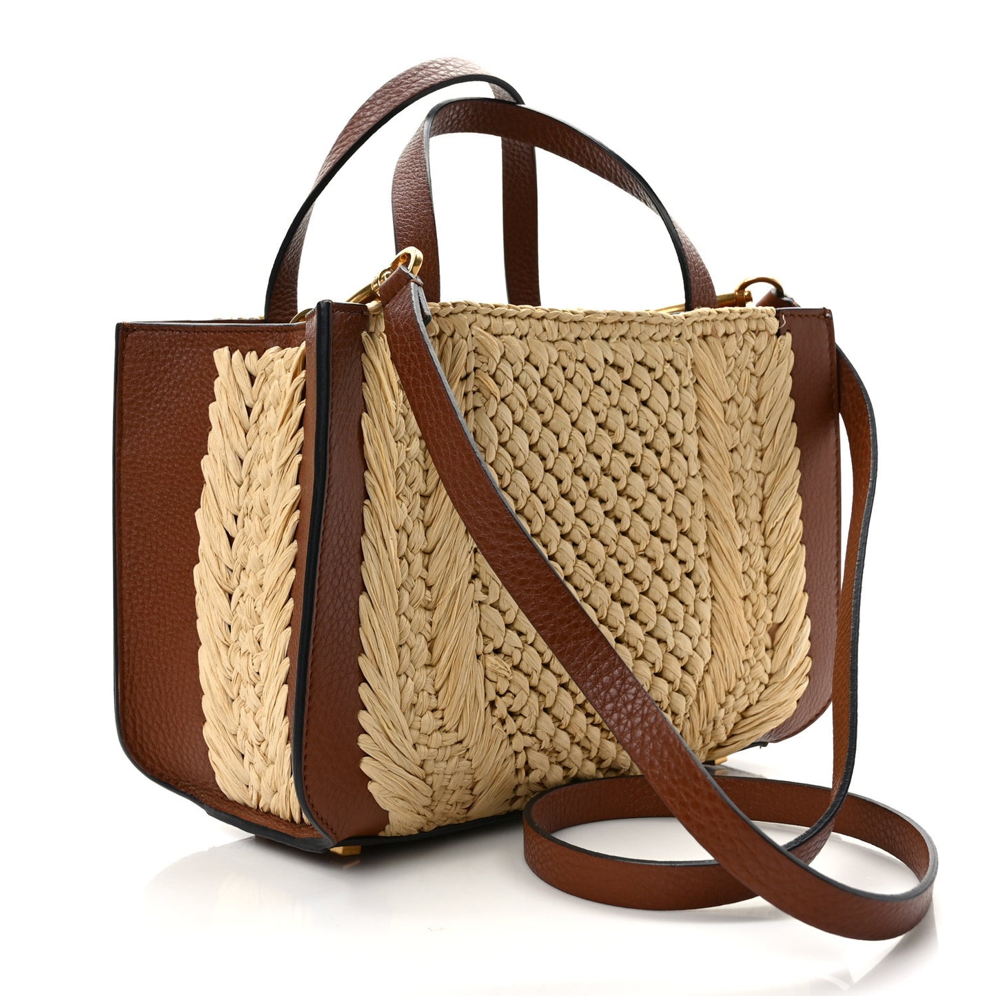 Raffia Calfskin Small Vlogo Signature Tote Natural Saddle Brown