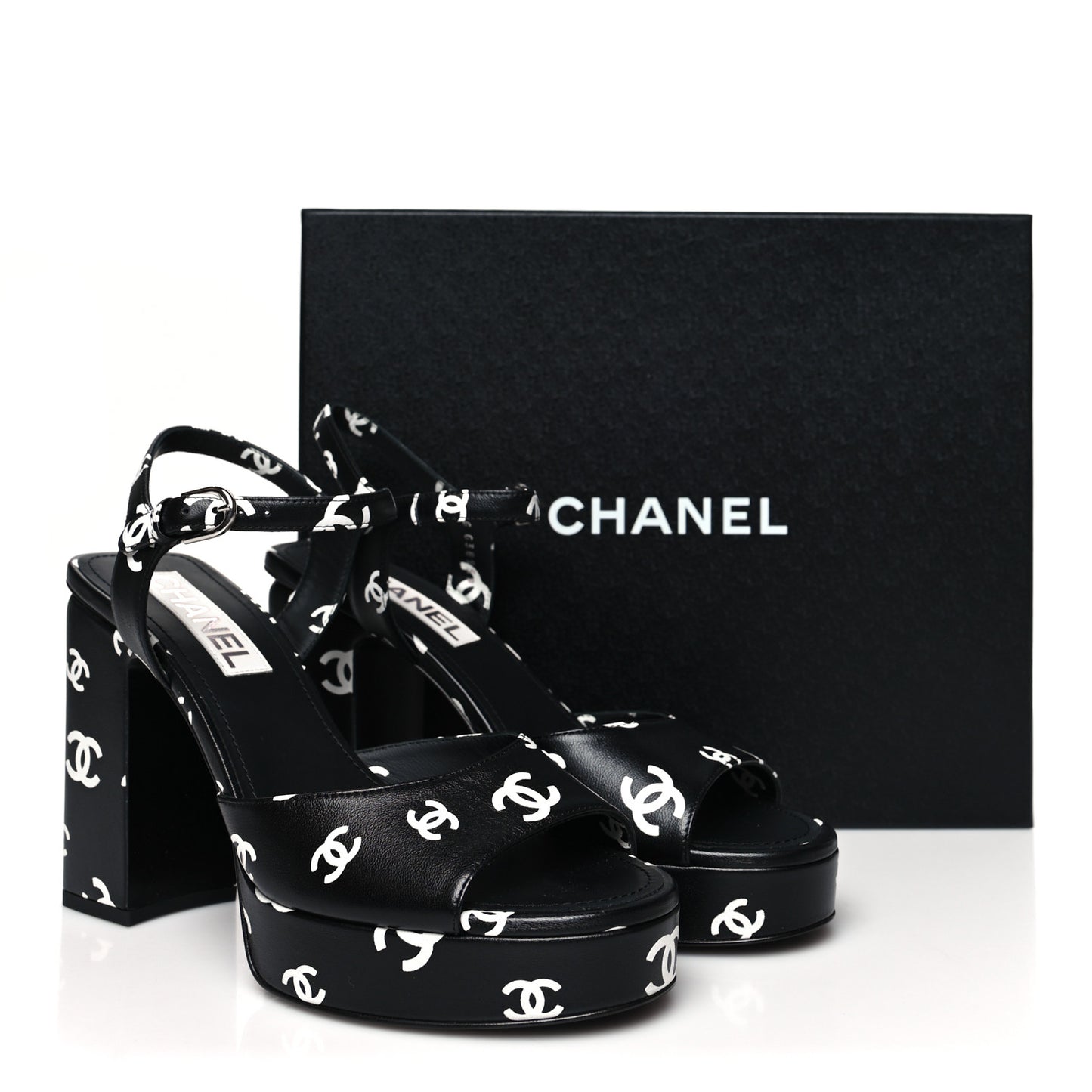Printed Lambskin CC Platform Sandals 40 Black White