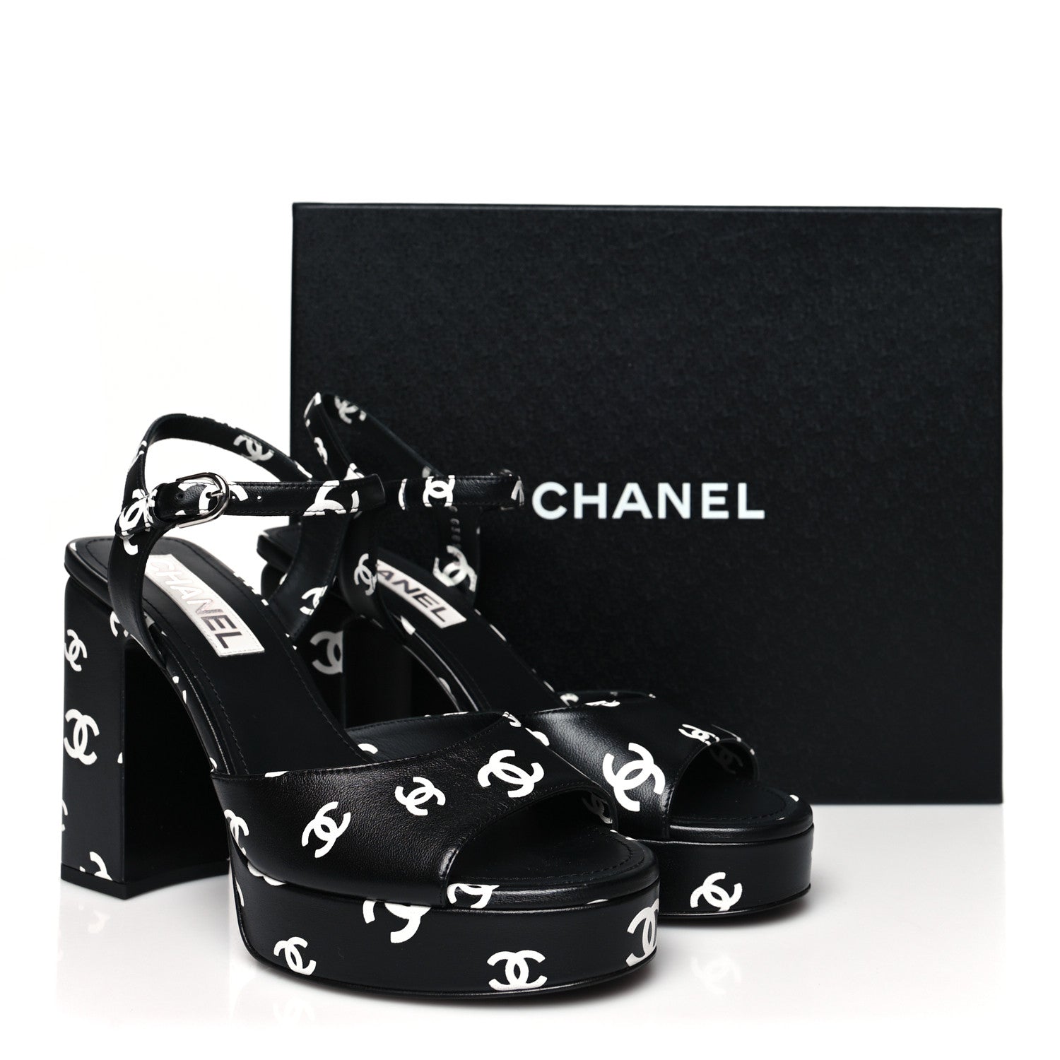 Chanel Printed Lambskin CC Platform Sandals 40 Black White 9 of 9