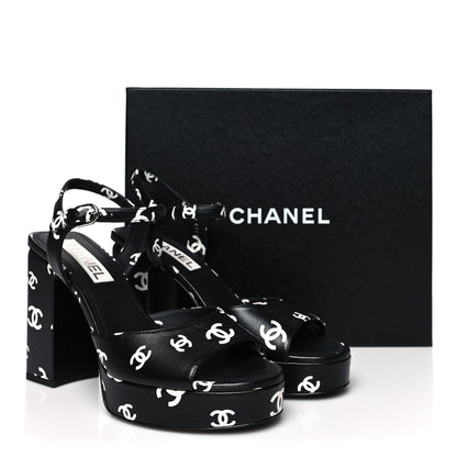 Chanel Printed Lambskin CC Platform Sandals 40 Black White 9 of 9