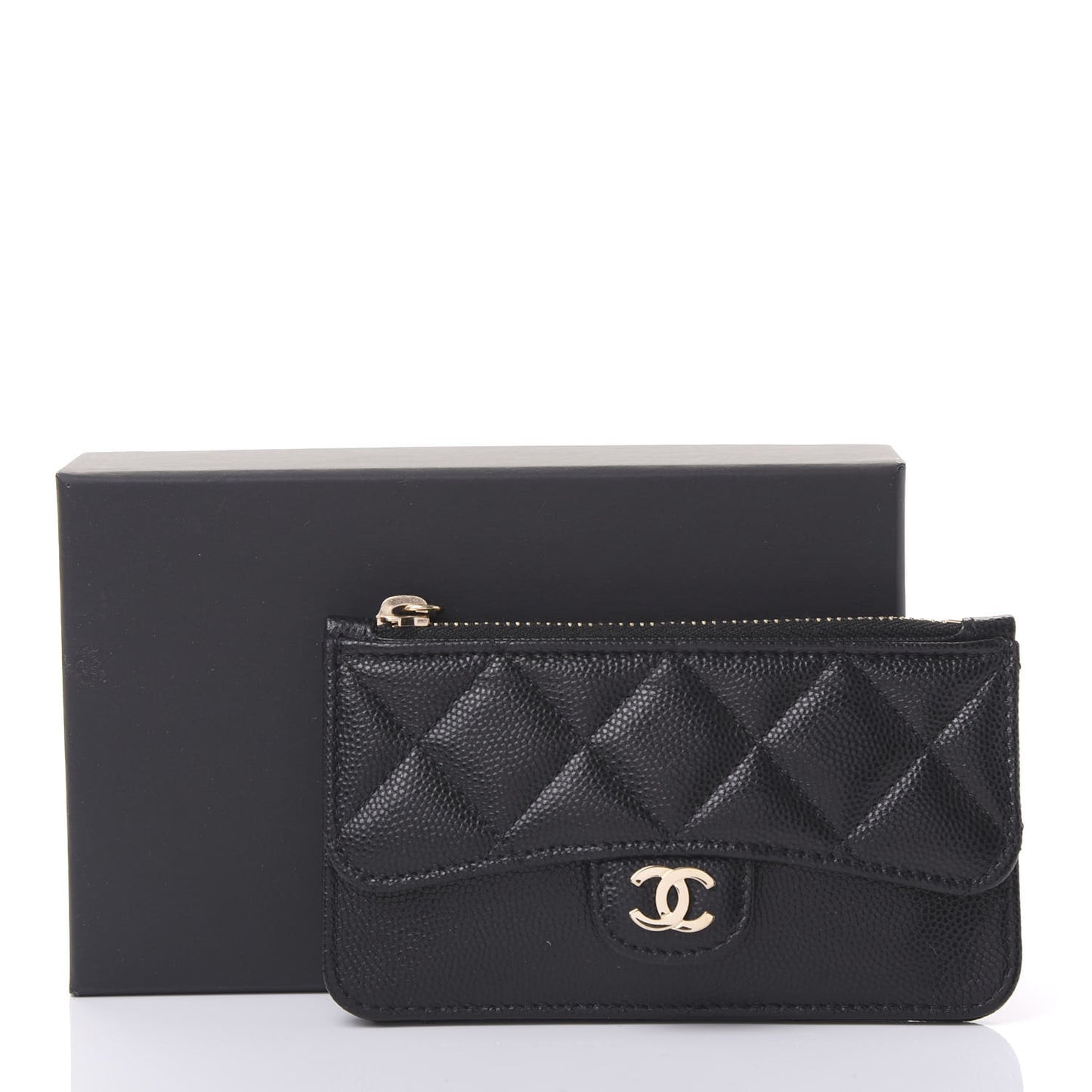 Caviar Quilted Flap Zip Card Holder Black