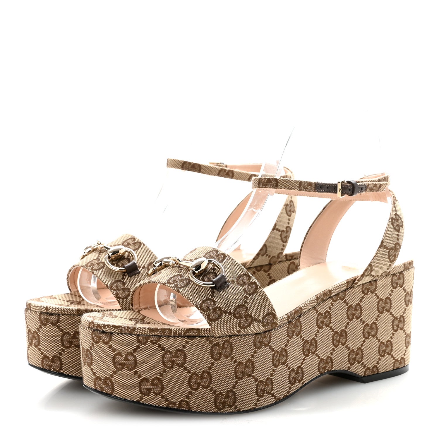 Gucci Monogram Nappa Chalotte Horsebit Ankle Strap 75mm Flatform Sandals 40 Beige Ebony 7 of 18