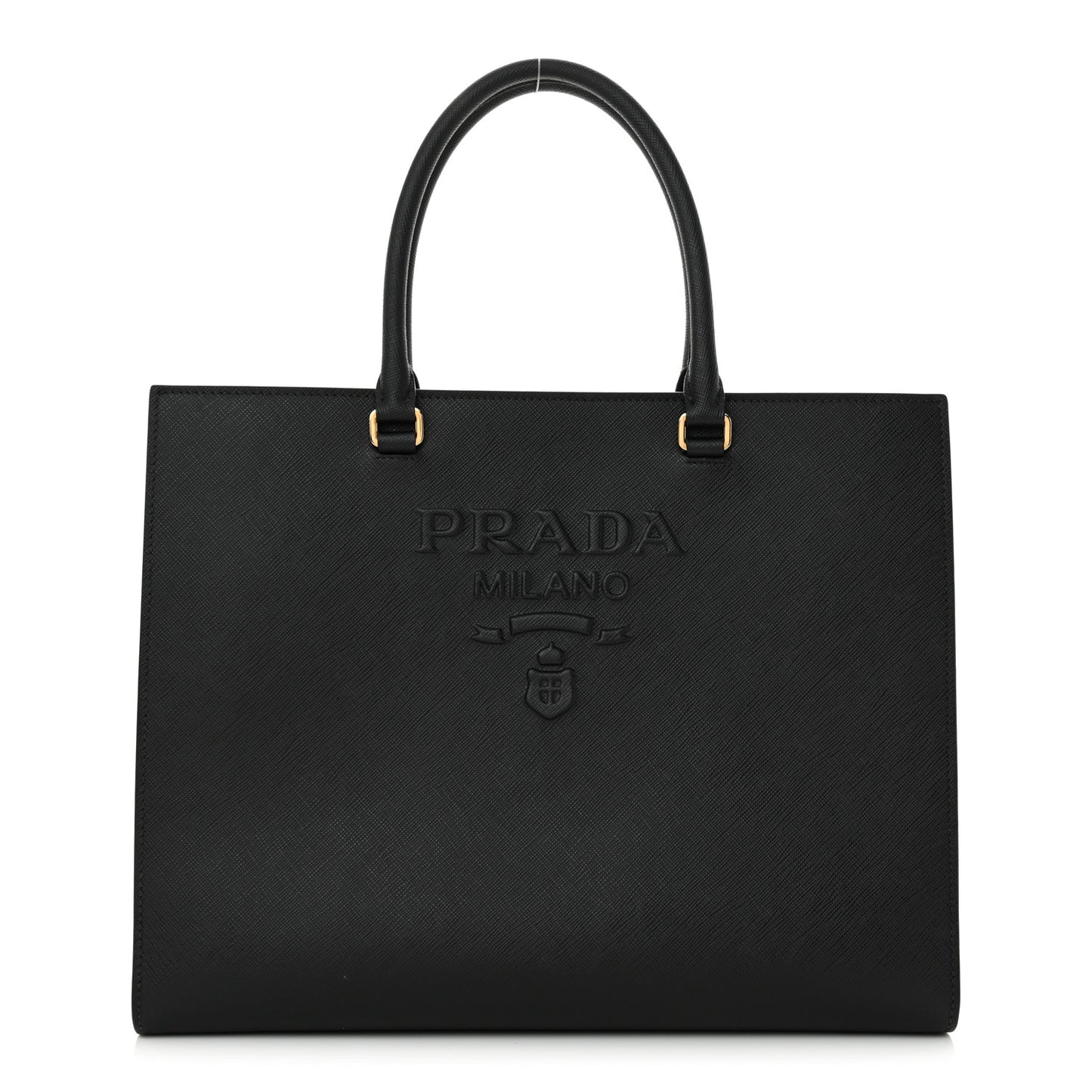 Saffiano Lux Logo Embossed Large Shoulder Tote Handbag Black