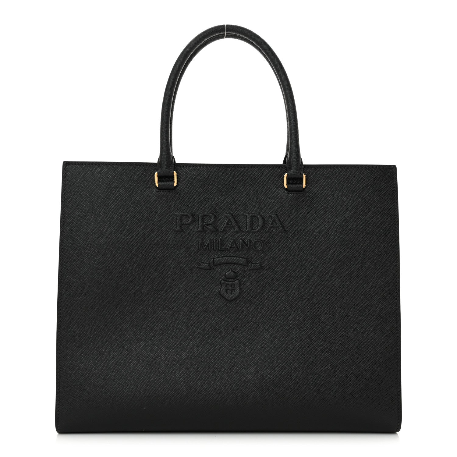 Prada Saffiano Lux Logo Embossed Large Shoulder Tote Handbag Black 1 of 15