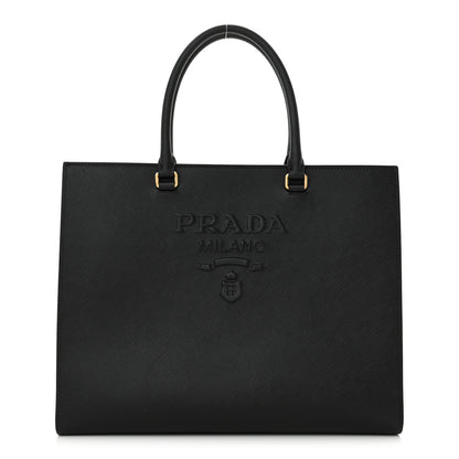 Prada Saffiano Lux Logo Embossed Large Shoulder Tote Handbag Black 1 of 15