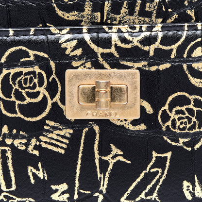 Chanel Calfskin Crocodile Embossed Graffiti 2.55 Cocodile Reissue Card Holder Black Gold 8 of 8