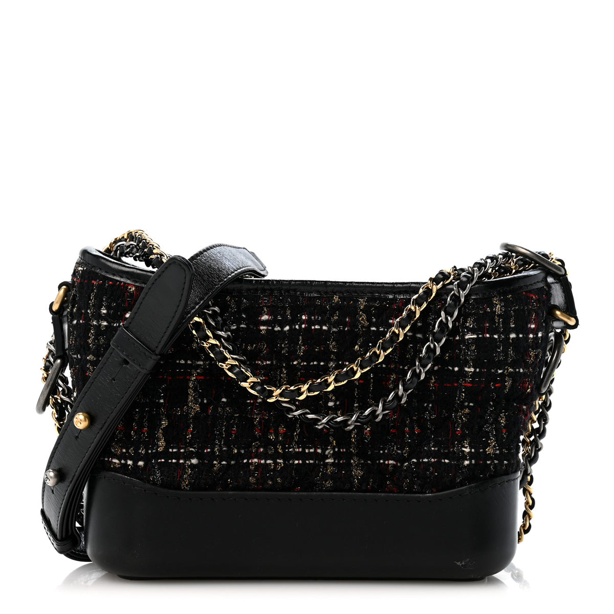 Chanel Tweed Calfskin Quilted Small Gabrielle Hobo Black Gold 1 of 14