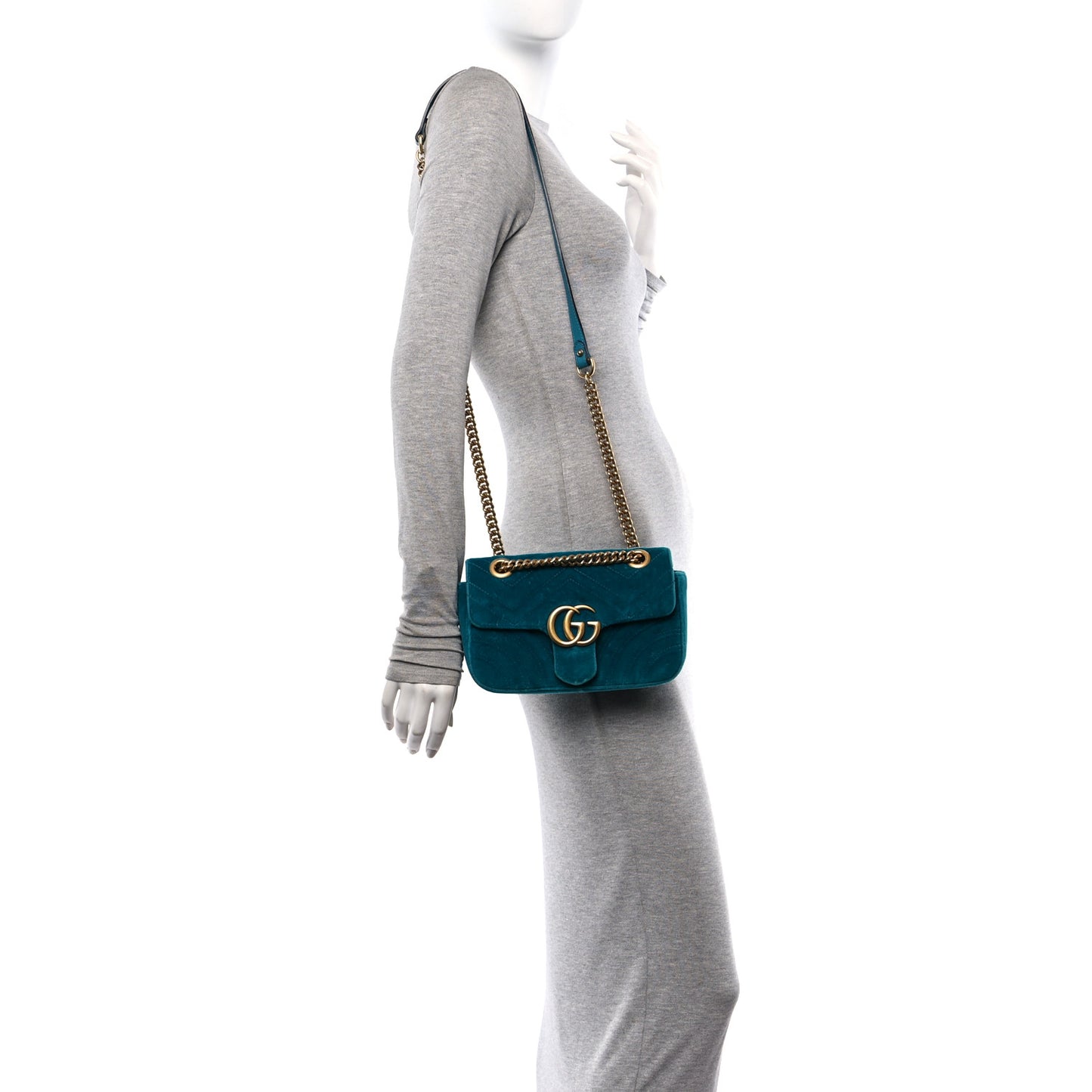 Velvet Matelasse Mini GG Marmont Shoulder Bag Pavone Cyan