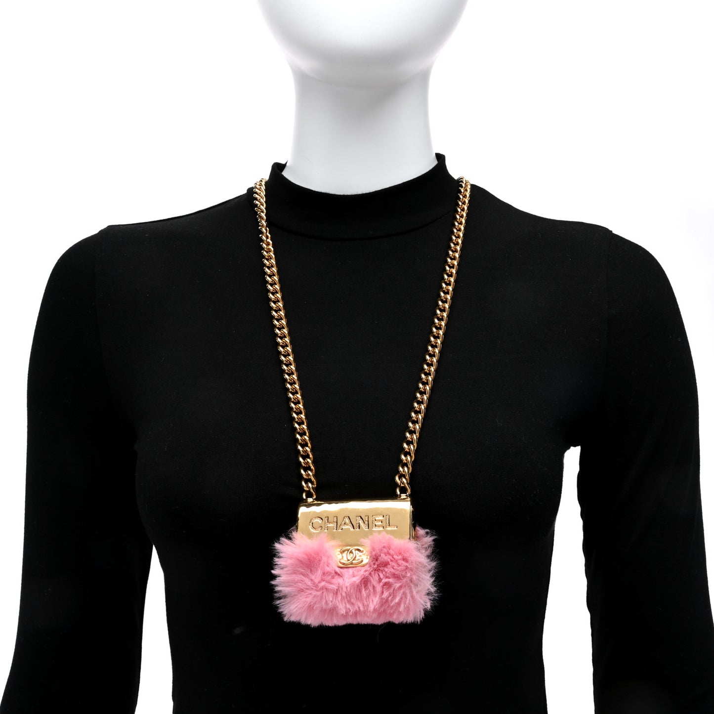 Metal Fur Flap Bag Long Necklace Gold Pink