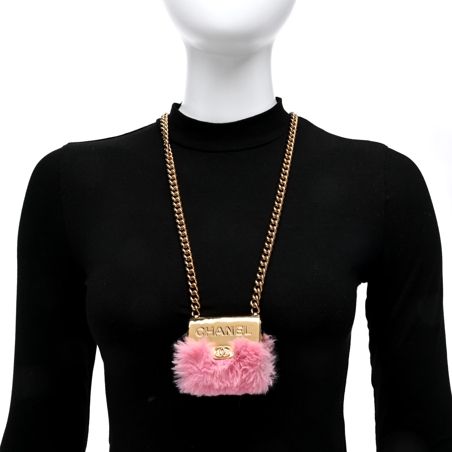 Chanel Metal Fur Flap Bag Long Necklace Gold Pink 2 of 6