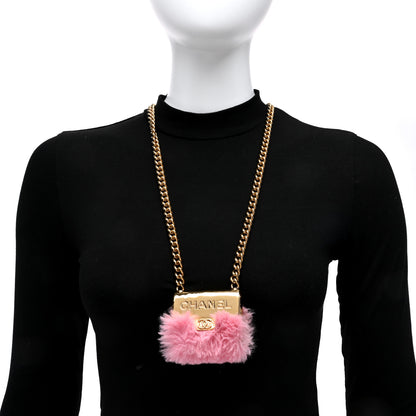 Chanel Metal Fur Flap Bag Long Necklace Gold Pink 2 of 6