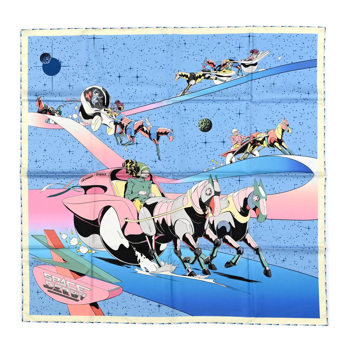 Silk Space Derby Scarf 90 Bleu Ciel Rose Vert Amande