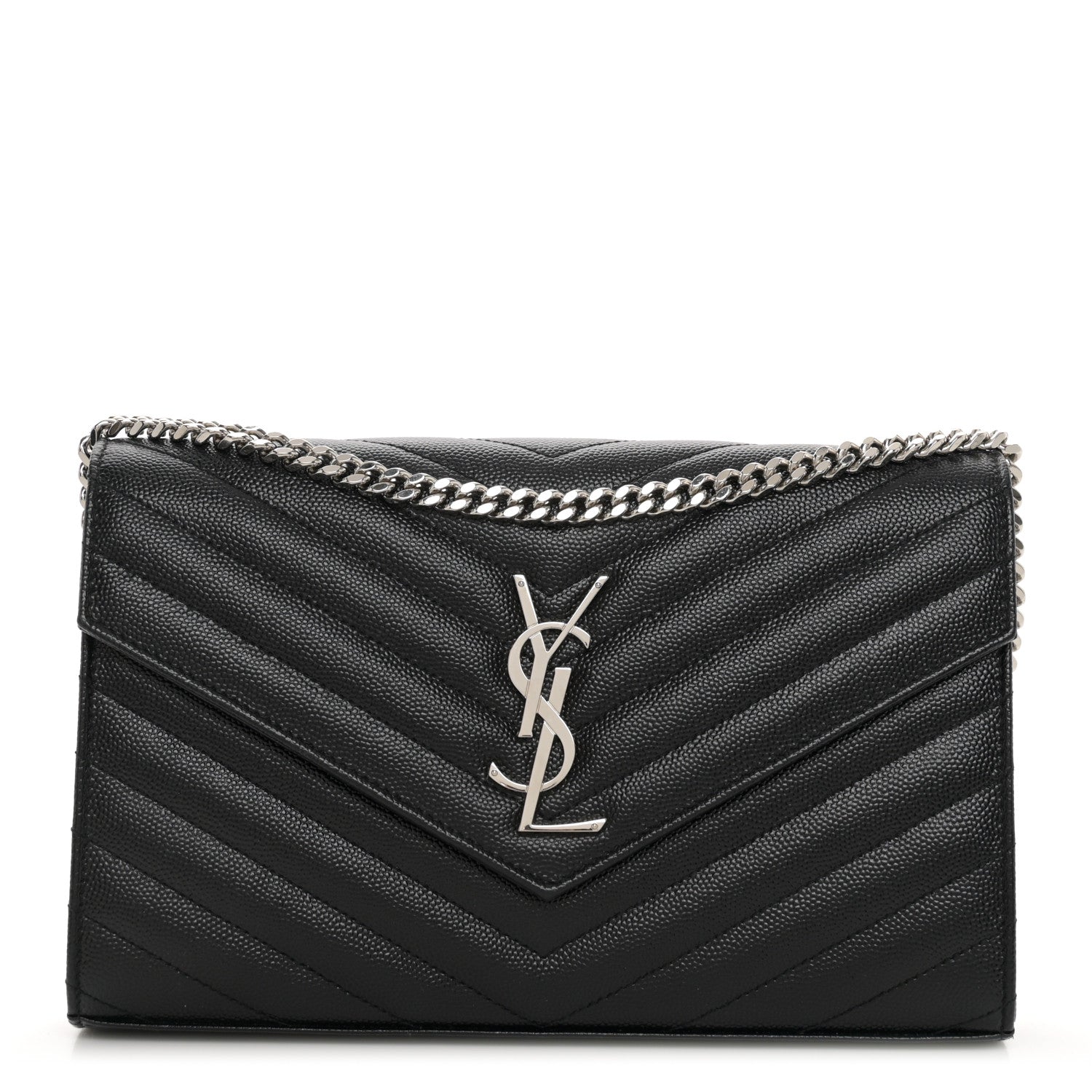 Saint Laurent Grain De Poudre Matelasse Chevron Monogram Chain Wallet Black 1 of 9