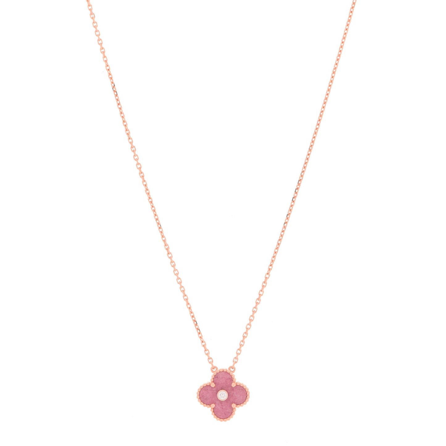 18K Rose Gold Diamond Rhodonite Vintage Alhambra Pendant Necklace