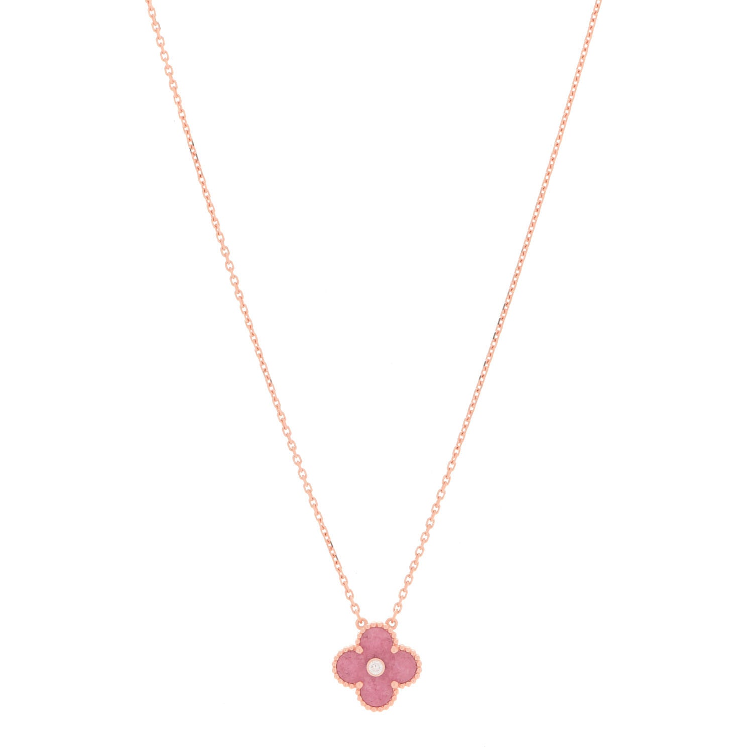 Van Cleef & Arpels 18K Rose Gold Diamond Rhodonite Vintage Alhambra Pendant Necklace 1 of 6