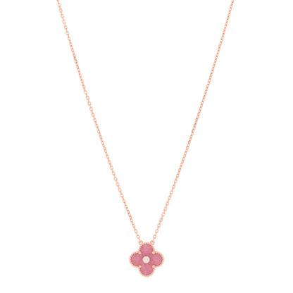 Van Cleef & Arpels 18K Rose Gold Diamond Rhodonite Vintage Alhambra Pendant Necklace 1 of 6