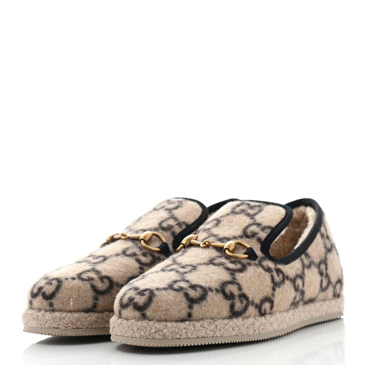 Covered Wool GG Monogram Womens Fria Horsebit Loafers 38.5 Beige Ebony Black Butterscotch
