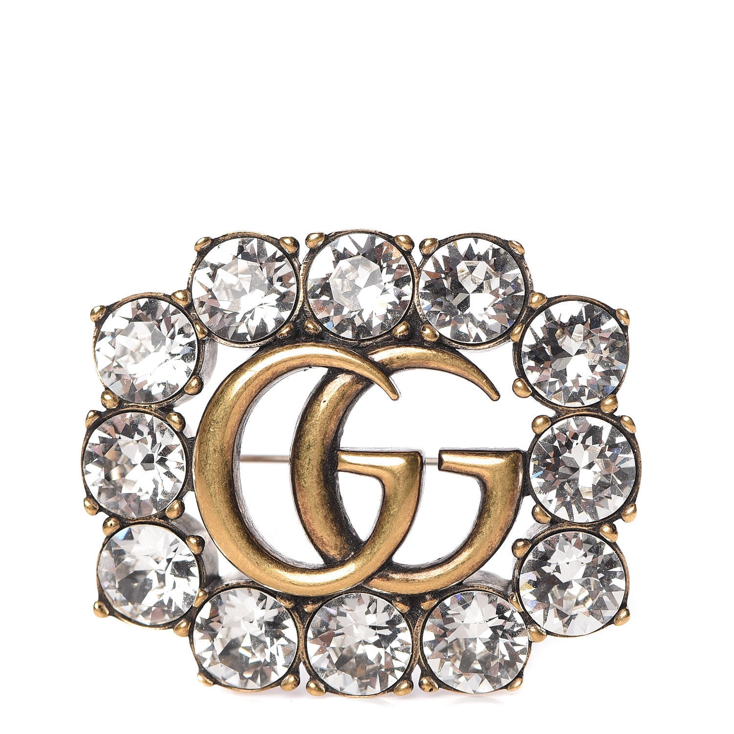 Gucci Metal Crystal Double G Brooch Aged Gold 1 of 5