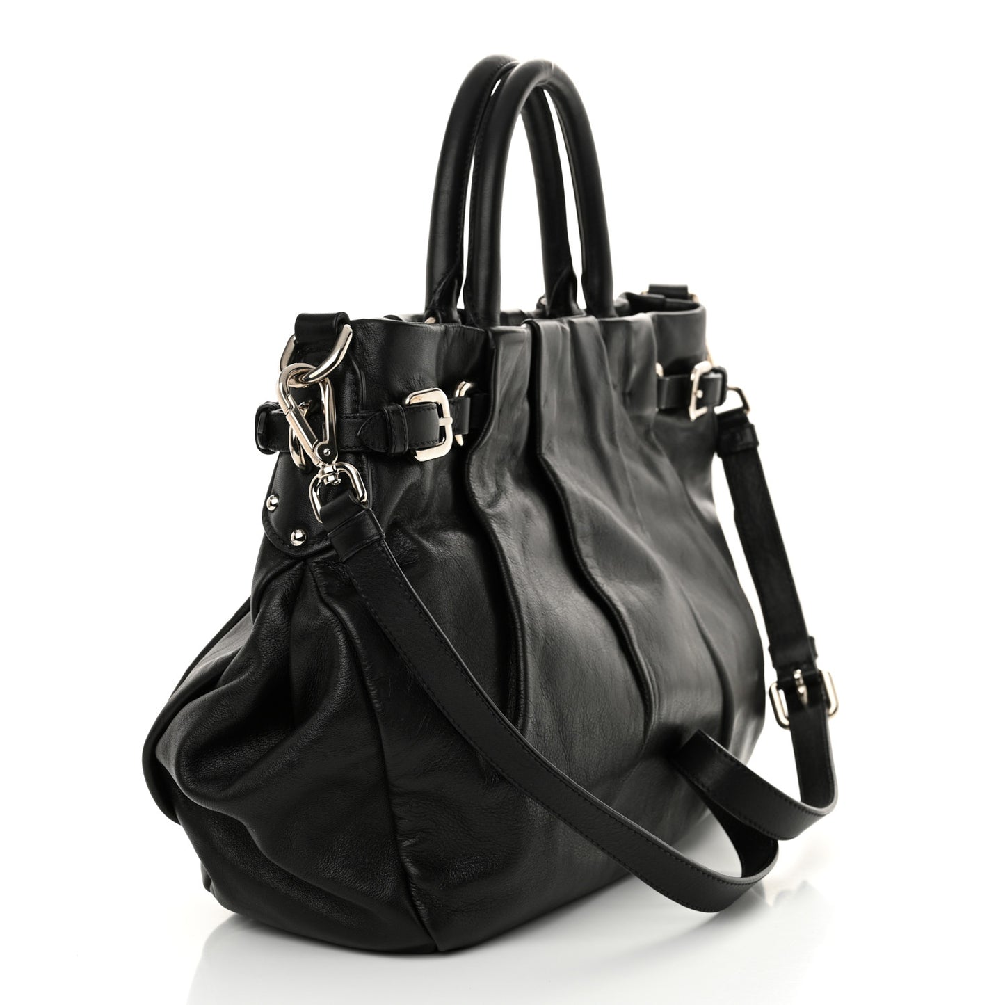 Soft Calfskin Pleated Shoulder Bag Black