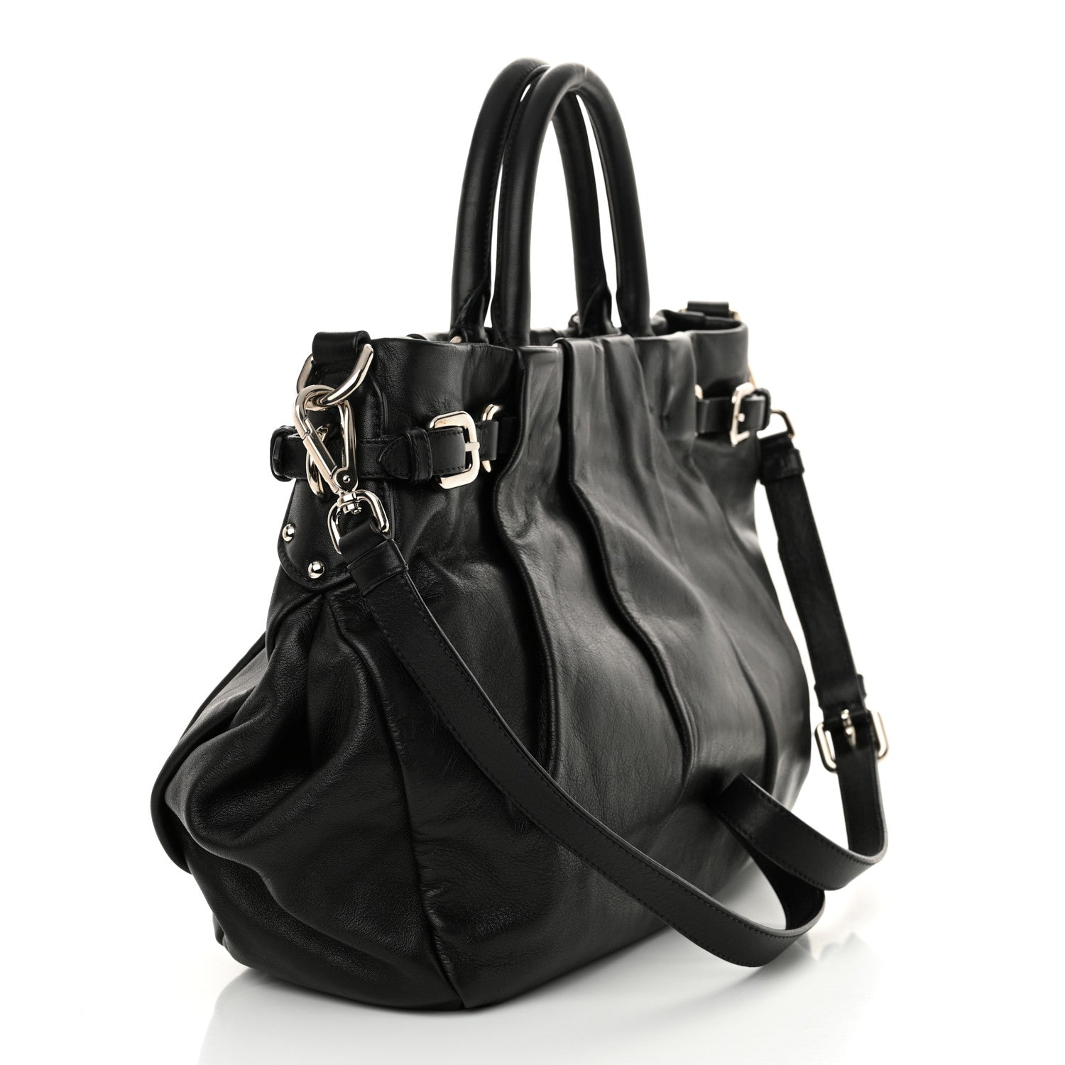Prada Soft Calfskin Pleated Shoulder Bag Black 3 of 10