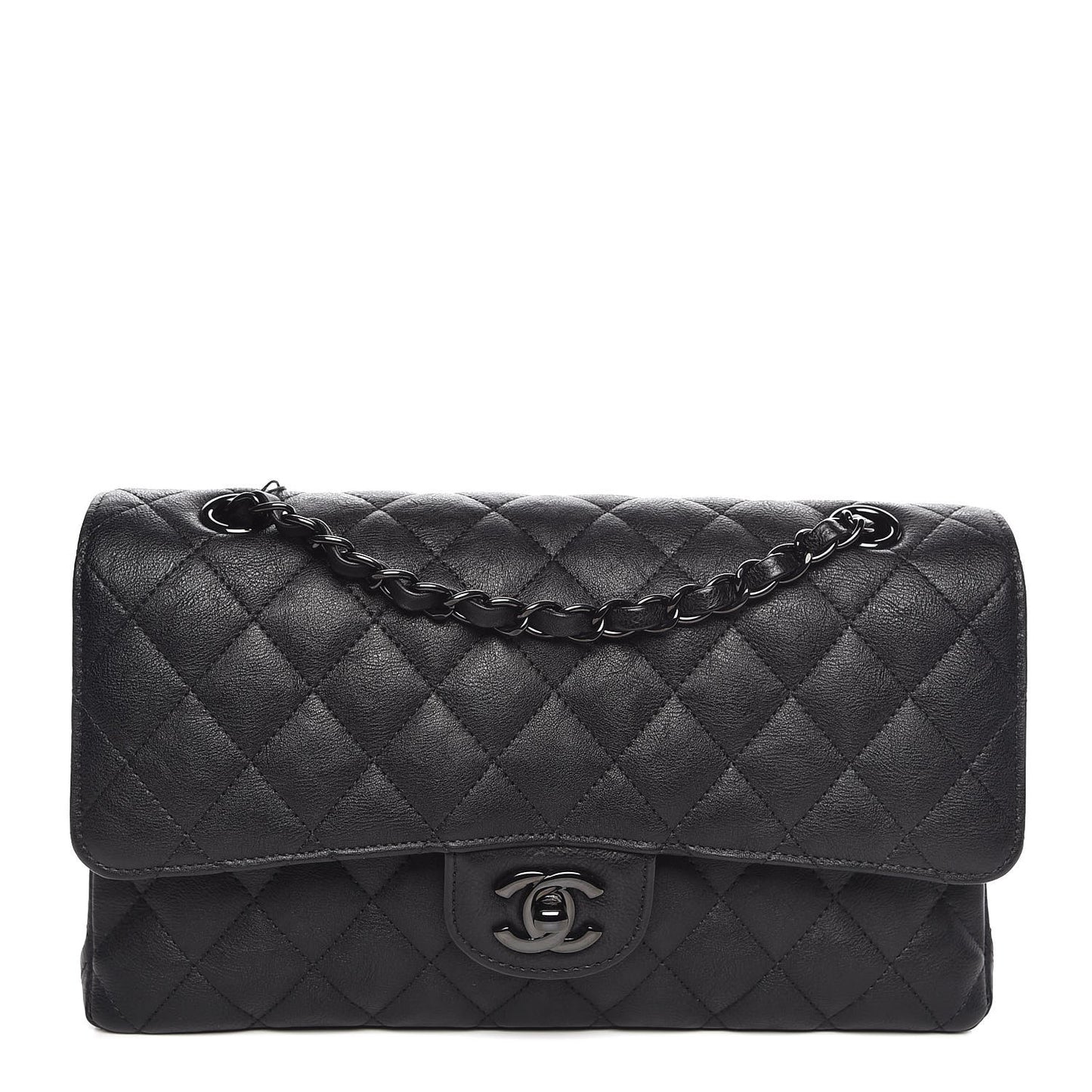 Crumpled Calfskin Quilted Medium Double Flap So Black