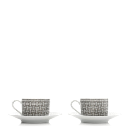 Hermes Porcelain Mosaique Au 24 Platine Tea Cup And Saucer Set Of 2 Platinum 1 of 10