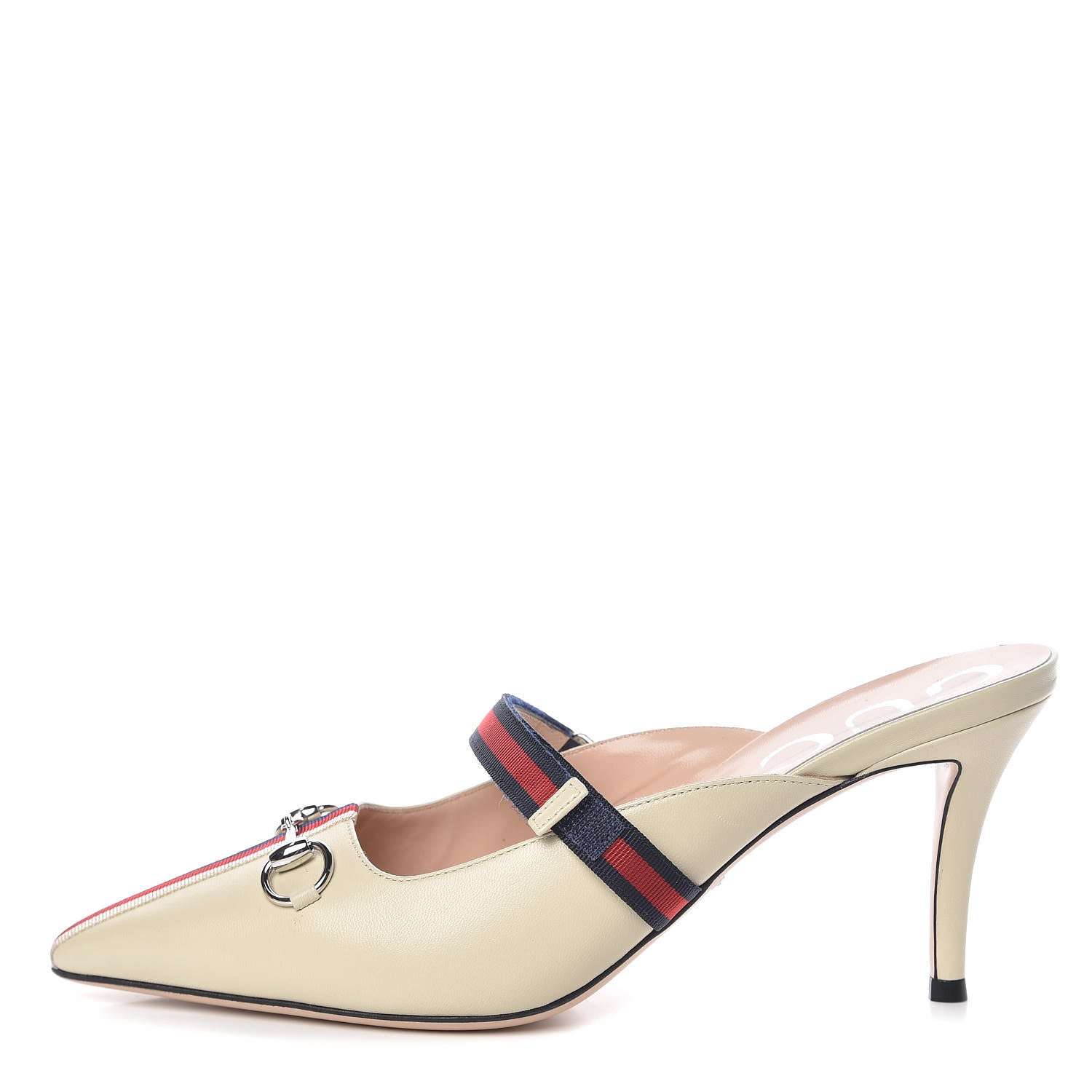 Gucci Malaga Kid Sylvie Web Cross Strap Mid-Heel Slides 39 Vintage White 1 of 12