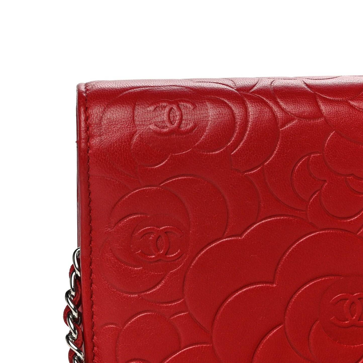 Lambskin Camellia Embossed Wallet On Chain WOC Red