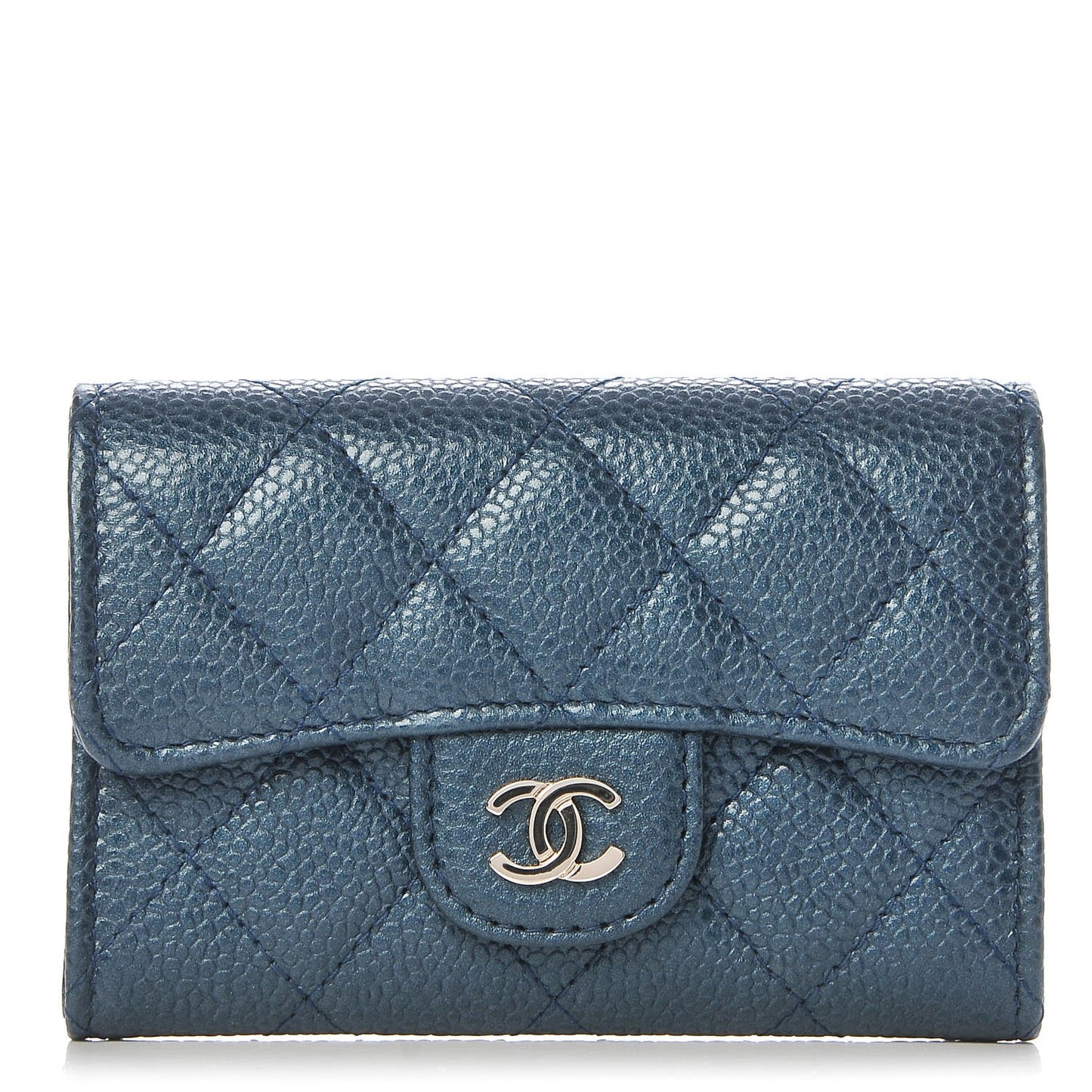 Iridescent Caviar Quilted Flap Card Holder Dark Blue