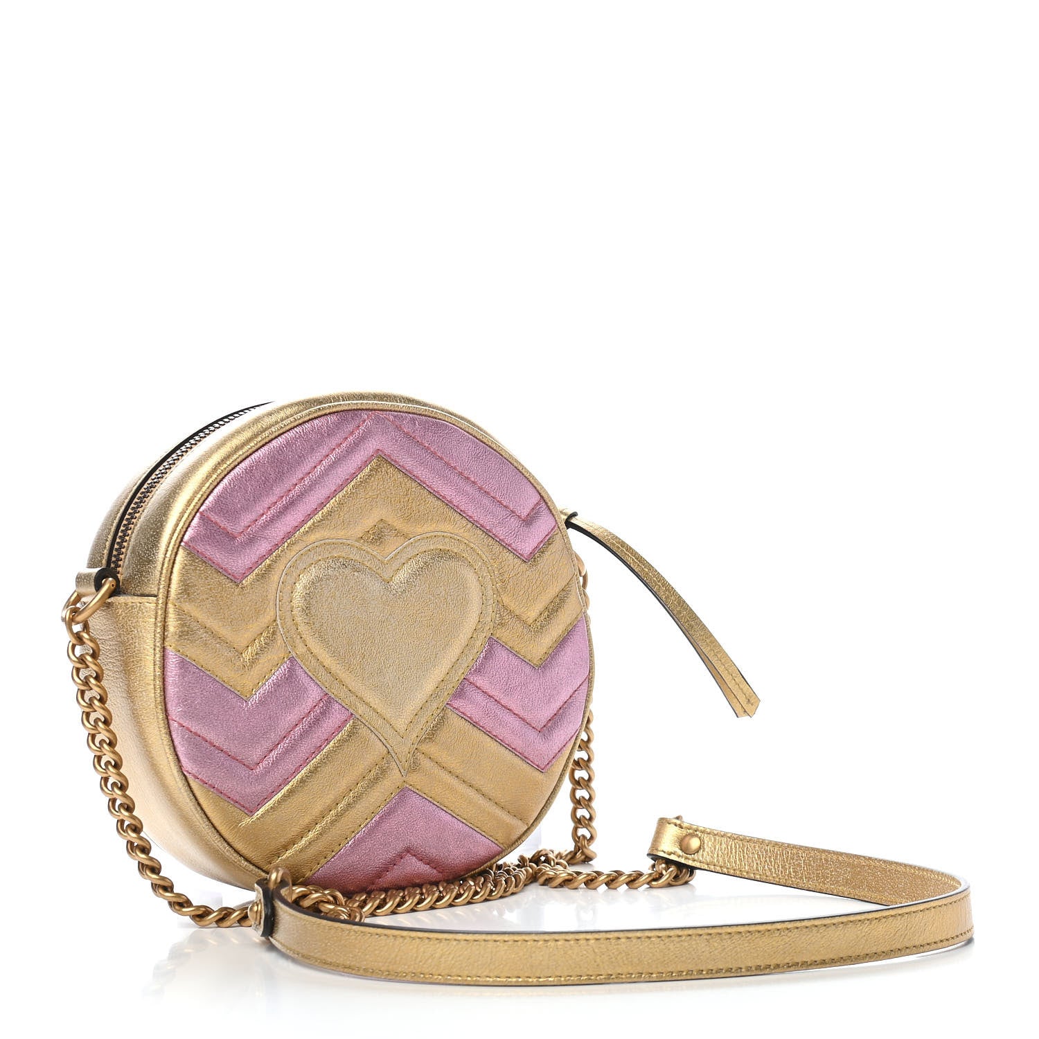 Gucci Metallic Calfskin Matelasse Mini GG Marmont Round Shoulder Bag Gold Pink 3 of 9