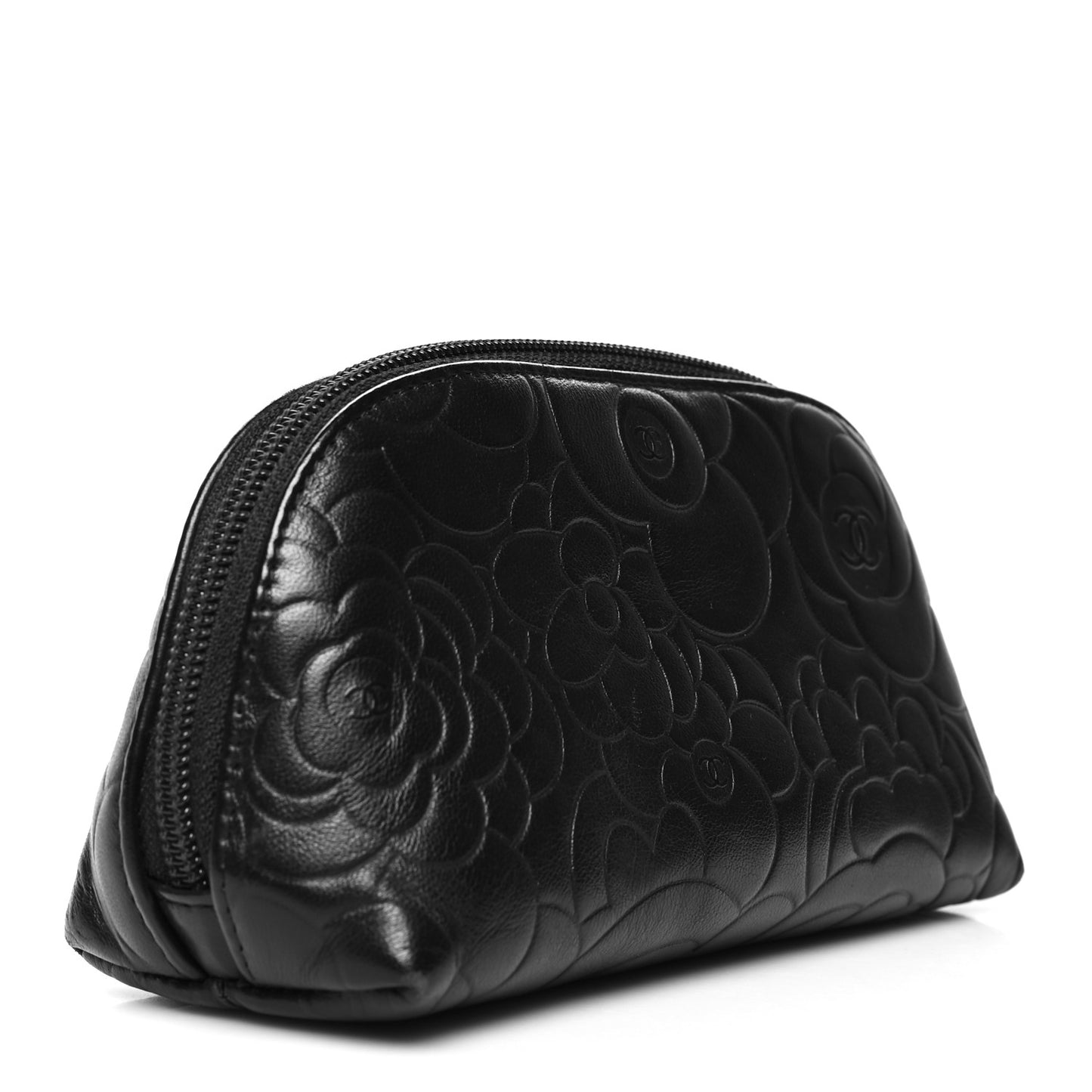 Lambskin Camellia Embossed Cosmetic Case Black