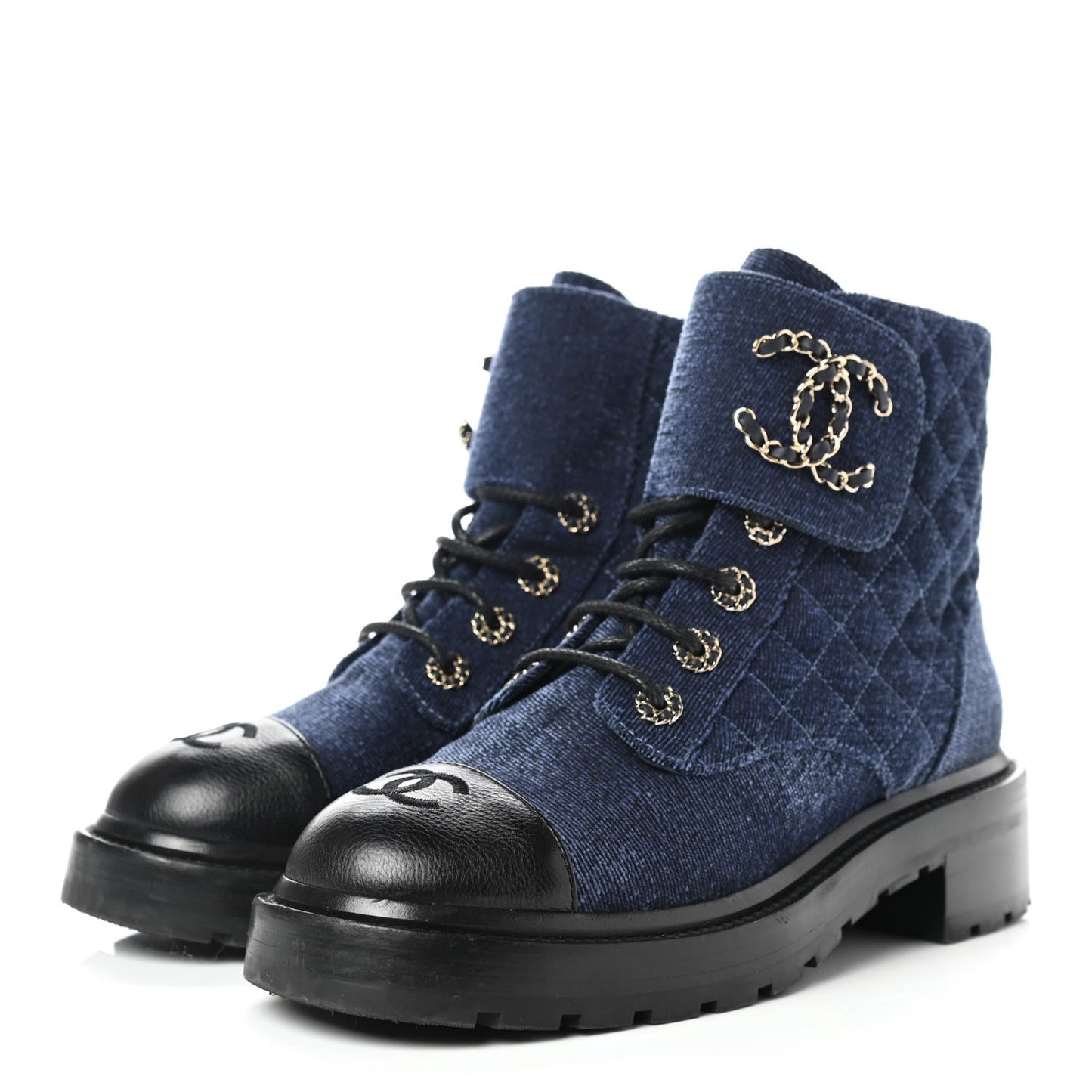 Shiny Calfskin Velvet Quilted Lace Up Combat Boots 39 Blue Black