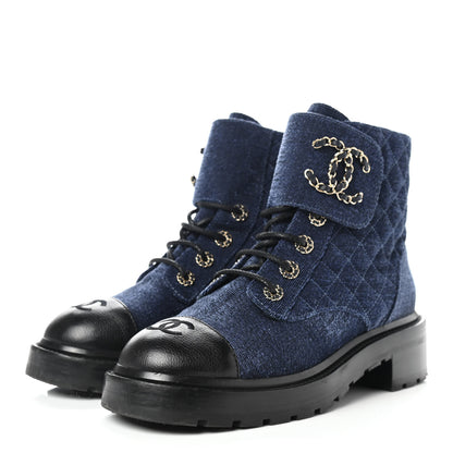 Chanel Shiny Calfskin Velvet Quilted Lace Up Combat Boots 39 Blue Black 3 of 11