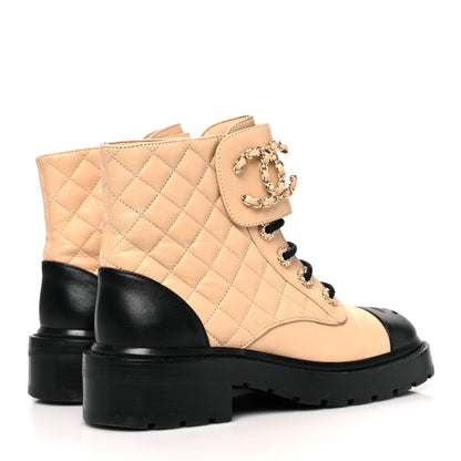 Chanel Lambskin Calfskin Quilted Lace Up Combat Boots 36 Beige Black 4 of 8