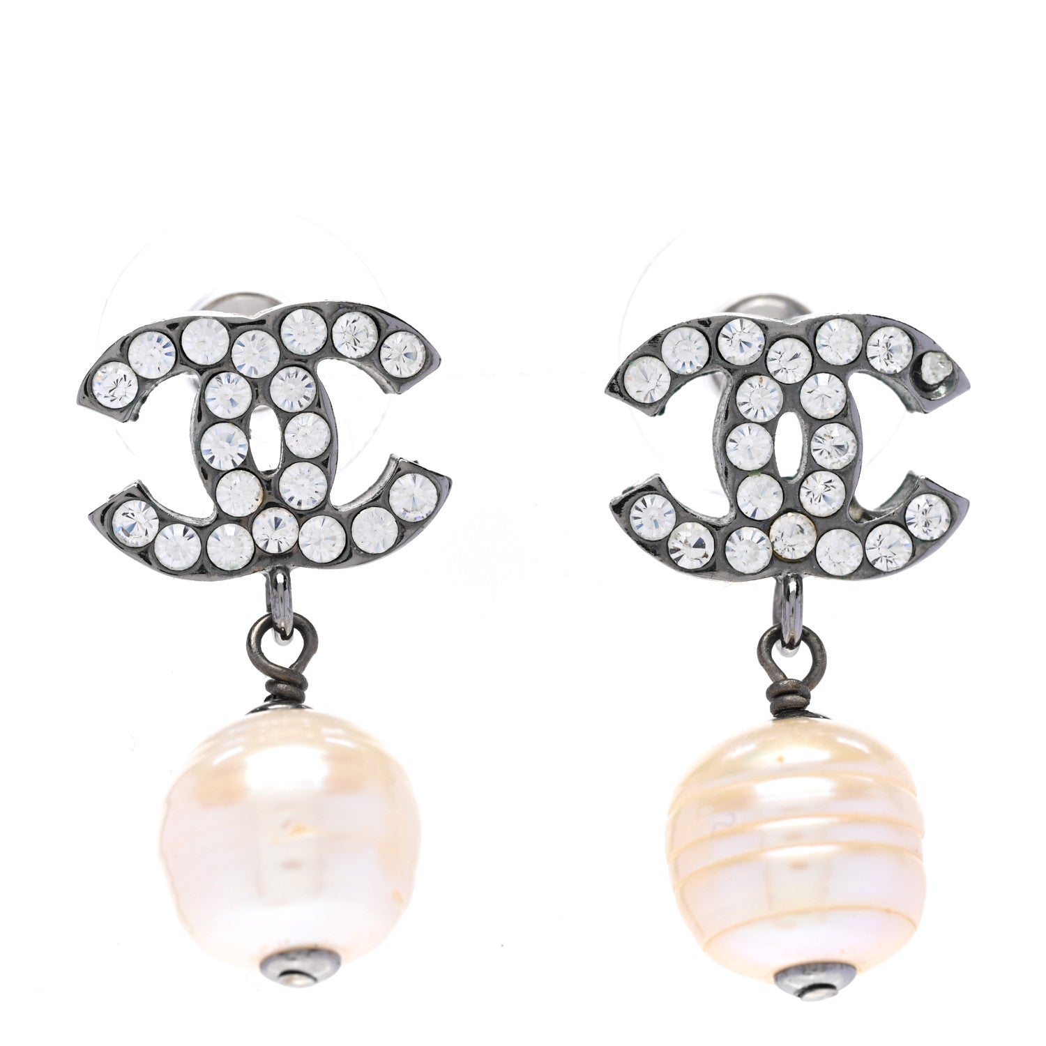Chanel Crystal Pearl CC Drop Earrings Silver Pearly White 1 of 4