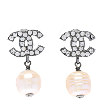 Chanel Crystal Pearl CC Drop Earrings Silver Pearly White 1 of 4