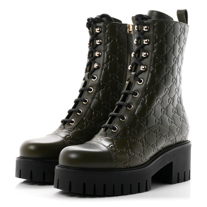 Gucci Guccissima Calfskin Lace Up Ankle Boots 38.5 Luscious Green 4 of 10