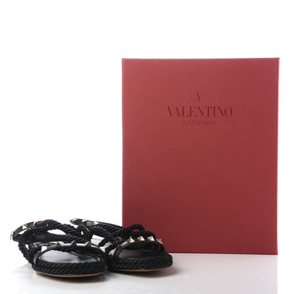 Valentino Garavani Calfskin Rockstud Torchon Rope Espadrille Flat Sandals 35 Black 9 of 10