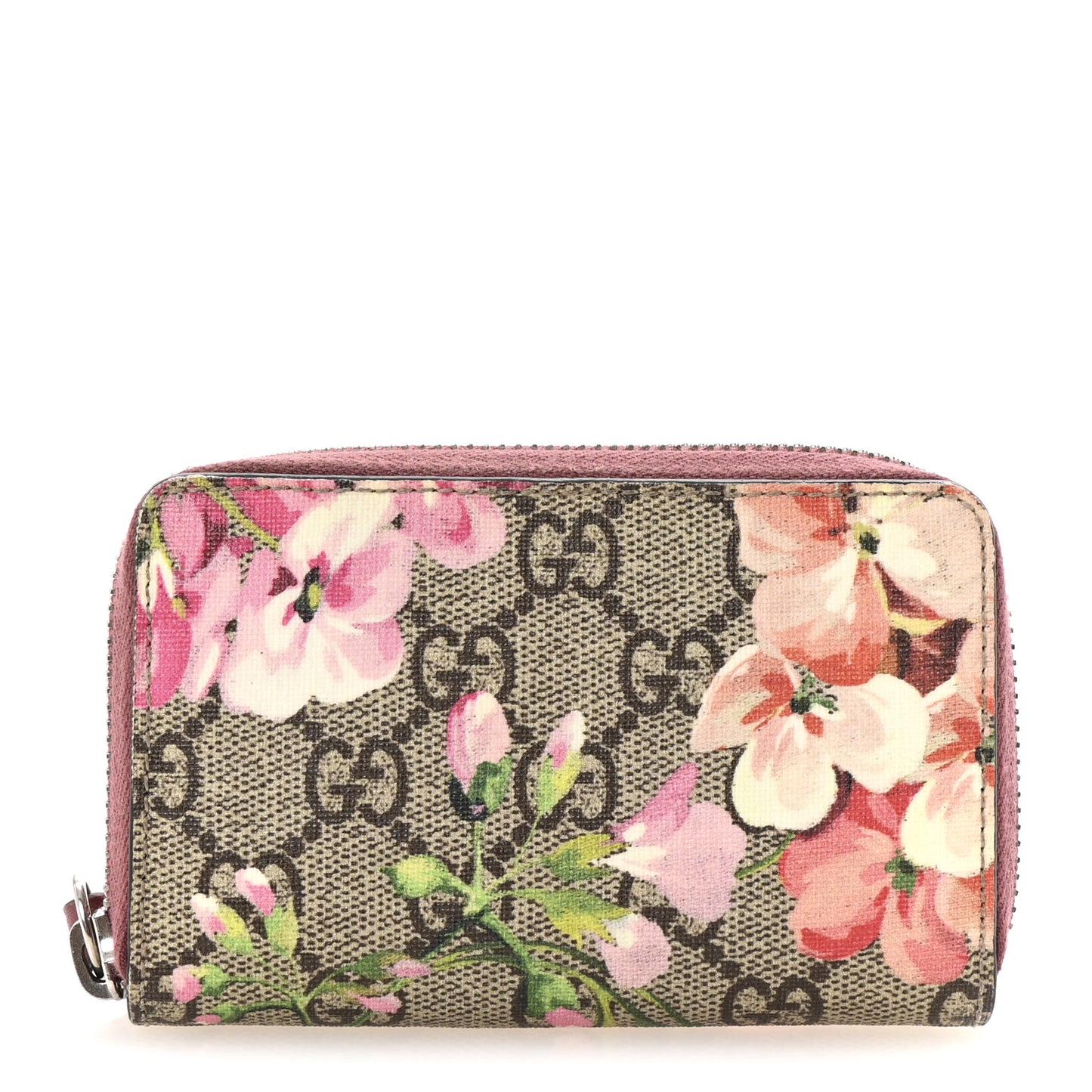 GG Supreme Monogram Blooms Zip Around Card Case Wallet Beige Multicolor Dry Rose