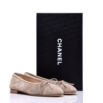 Chanel Suede Quilted Cap Toe CC Ballerina Flats 36 Beige 7 of 7