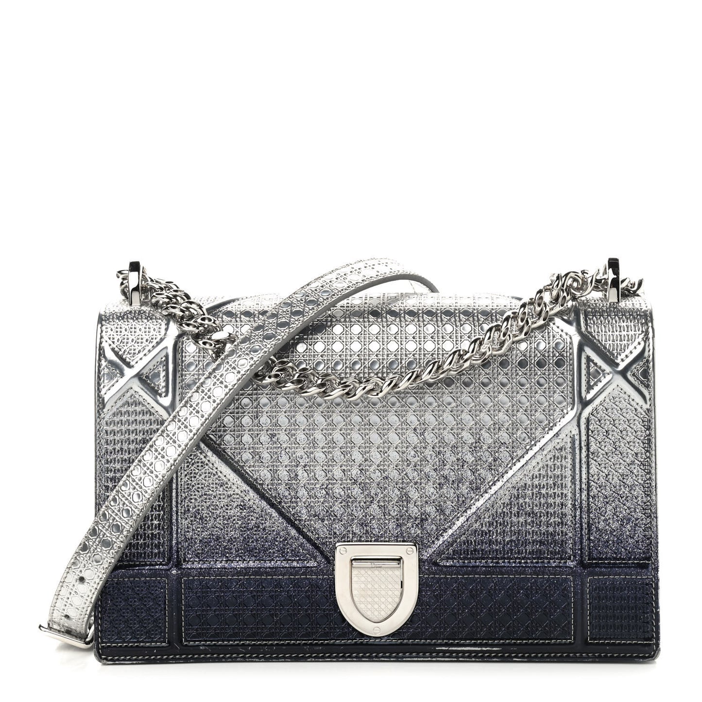Metallic Patent Micro-Cannage Gradient Medium Diorama Flap Bag Silver Blue